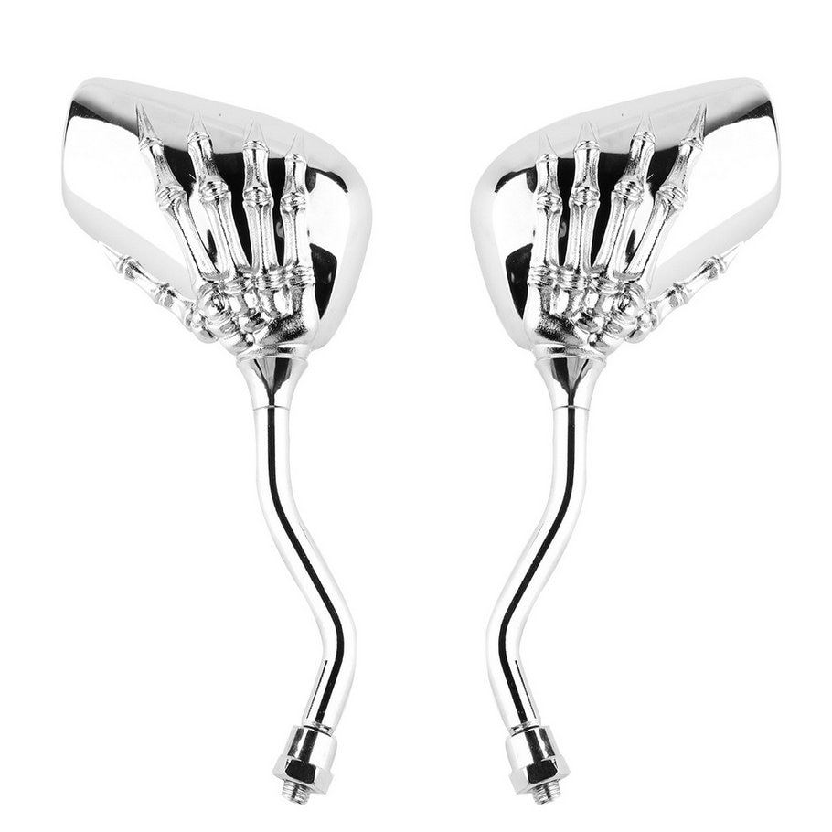Universal Motorcycle Chrome Skeleton Skull Style Hand Claw Side Rear View Mirrors 10mm Easy To Install