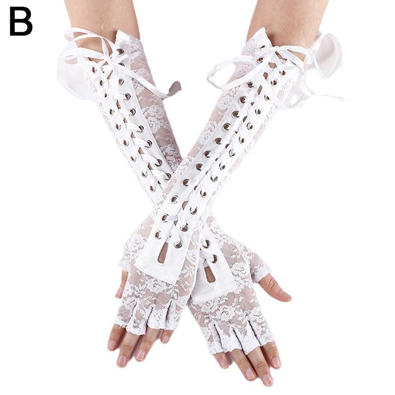 Retro Long Gloves Steampunk Gothic Cosplay Lace Corset Half-finger Gloves Ribbon Fishnet Mesh Wedding Prom Costume Accessory: white