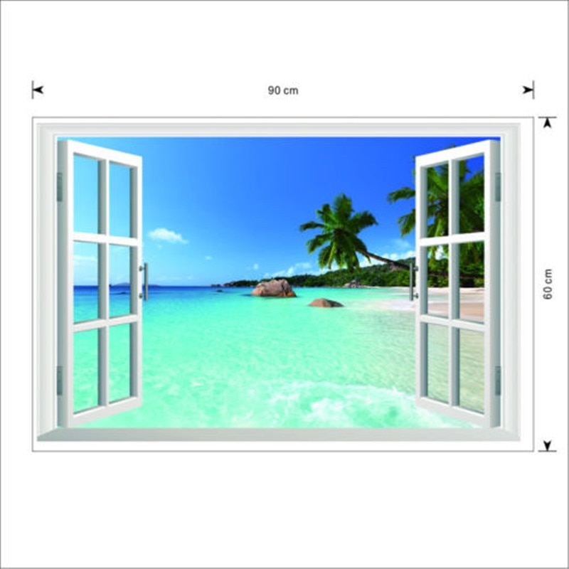 Summer Beach Wall Sticker Decor Large Removable Beach Sea 3D Window View Scenery Wall Sticker Home Decor Decals for Kids Room