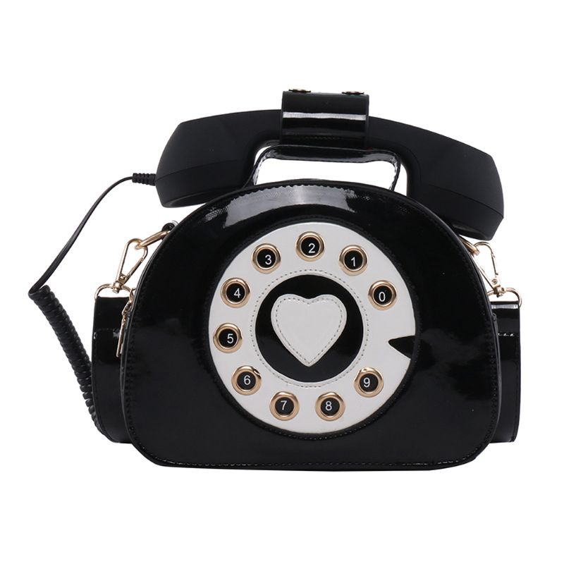 Women Girl Telephone Shaped Shoulder Bag PU Leather Shopping Street School Crossbody Satchel Tote Purse and: Black