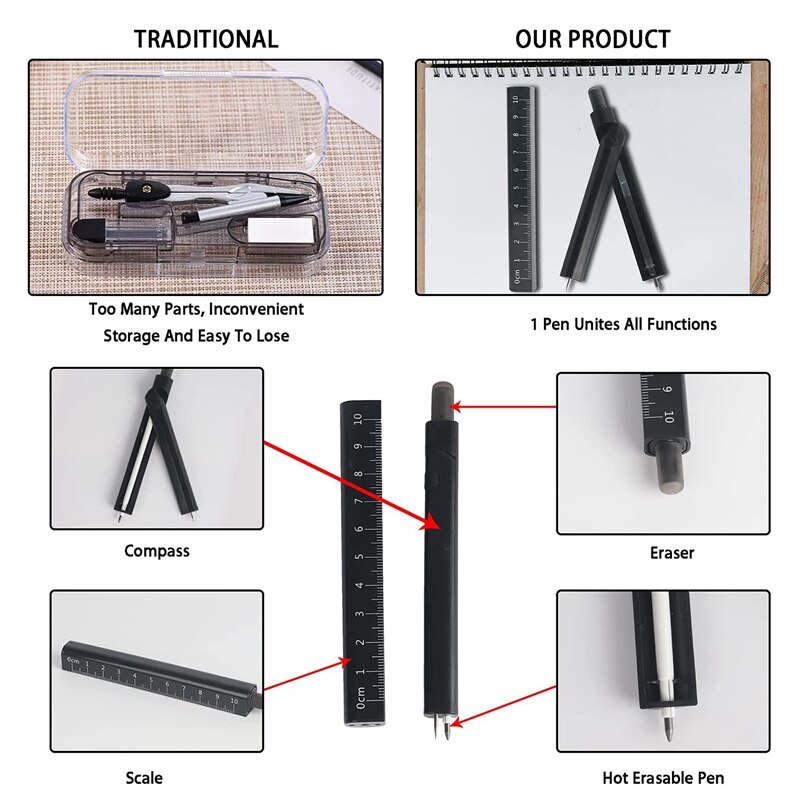 Multifunction 4 in 1 Drawing Compass with Erasable Pen Ruler Eraser for Geometry Drafting Math Students