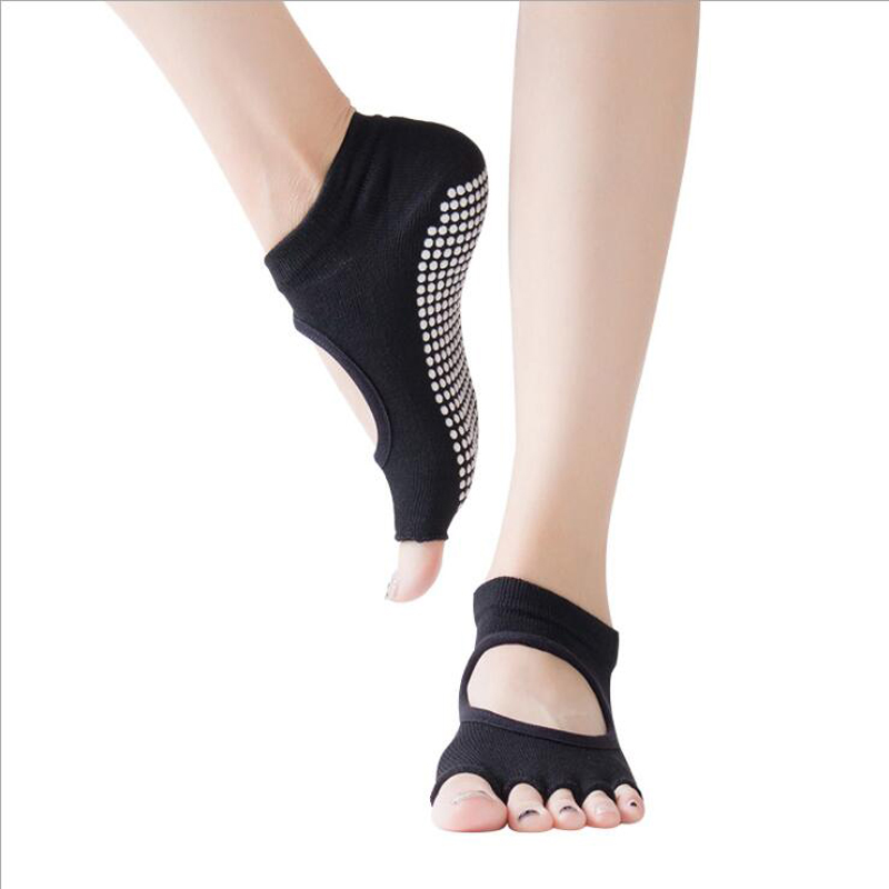 Women Yoga Socks Half Toe Backless 5 Fingers Socks Gym Fitness Sport Pilates Non Slip Cotton Socks Breathable Footwear Woman: Black