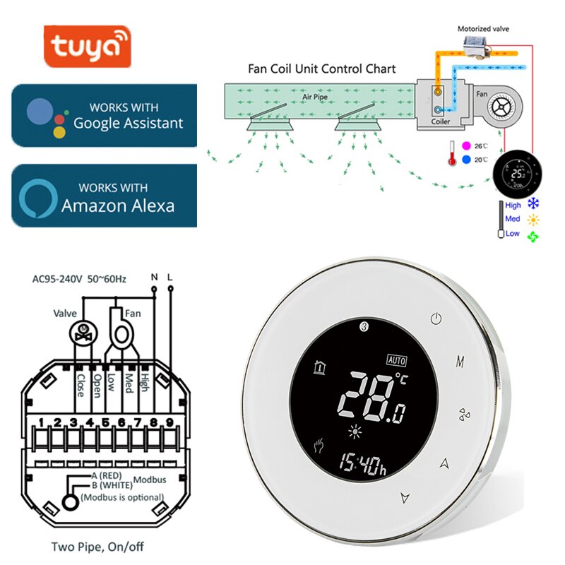 Termostato inteligente WiFi 2p/4p, sistema de refrigeración/calefacción central de aire acondicionado para controlador de temperatura ambiente de unidad de bobina de ventilador: 2 Pipe BAC-6000W / NO WIFI