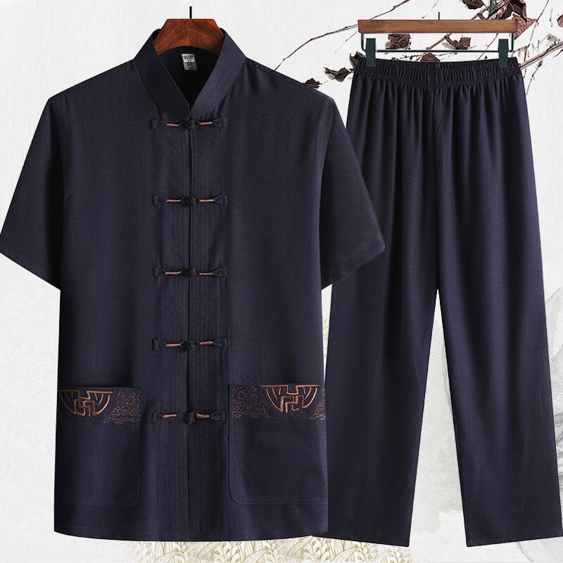 Traditionele Chinese Kleding Set Voor Mannen Volwassen Tai Chi Kung Fu Uniformen Linnen Korte Mouwen Borduren Casual Chinese Kostuums