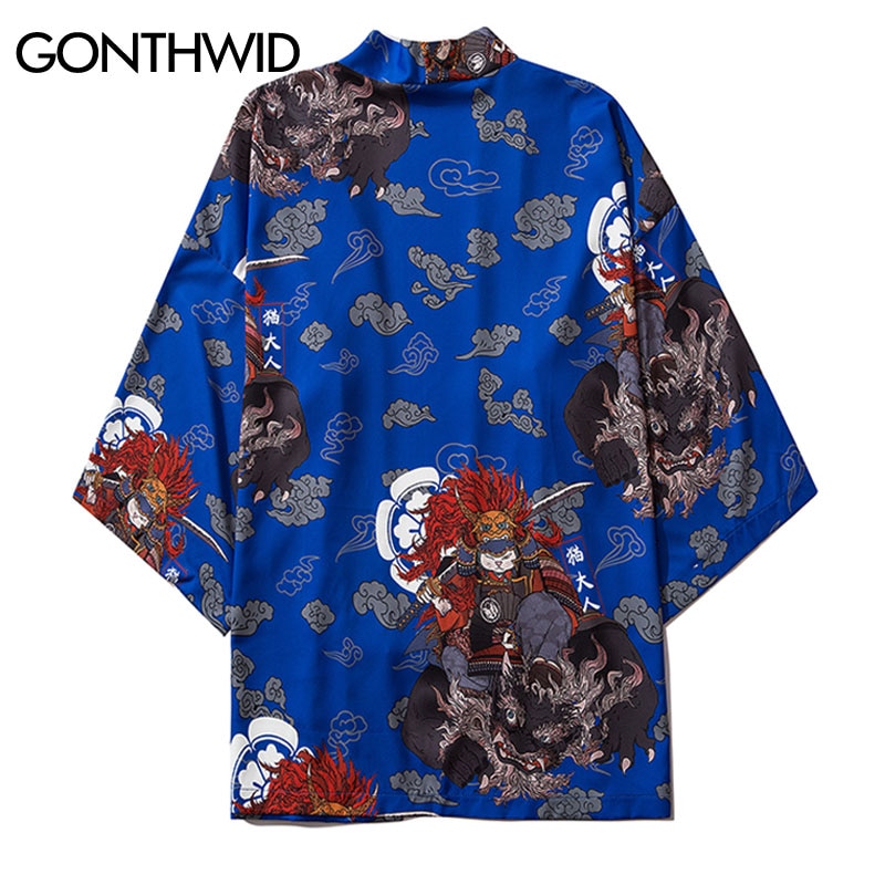 Gonthwid Japanse Stijl Samurai Kat Print Kimono Vest Shirts Jassen Streetwear Mannen Hip Hop Casual Open Voorzijde Jassen Tops