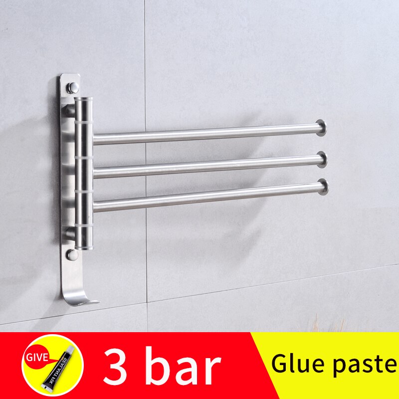 bathroom towel bar stainless steel hanging holder wall mounted glue paste rotating double towel holder rail hanger with hook: B-3bar(glue paste)