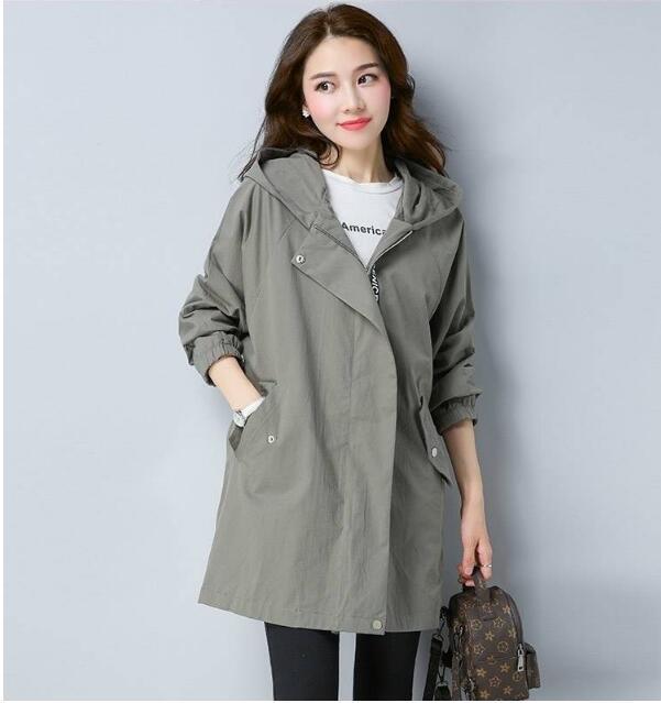 Femmes Trench Coat femme à manches longues mince à capuche manteau décontracté printemps lâche ajuster la taille fermeture éclair vêtements d'extérieur grande taille 5XL: gray / XL