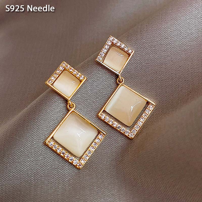 925 Sterling Zilveren Naald Dangle Oorbellen Voor Vrouwen Sieraden Gold Vierkante Opaal Katten Ogen Vintage Vrouwelijke Oorbellen Bijoux