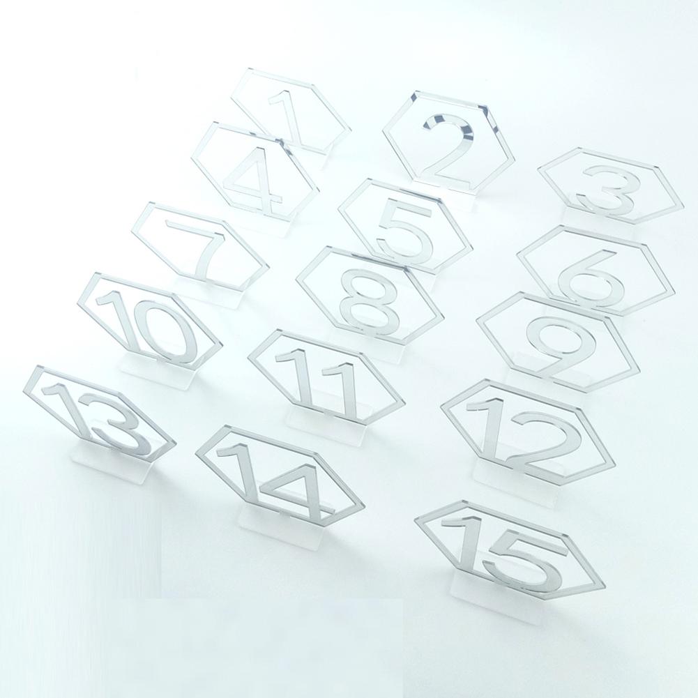 Asypets 1-15 sekskantede bordskilt akryl spejl nummer symboler til bryllupsfest dekoration: Sølv