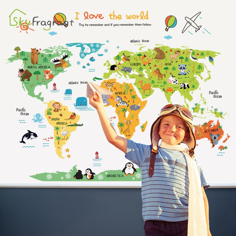 Karikatúra mapa sveta nálepka na stenu detská výzdoba izby výzdoba detskej izby samolepiace nálepky študijná výzdoba bytový dekor