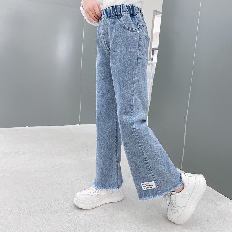 Pantalones vaqueros de pierna ancha para niñas, Jeans rectos de algodón con borlas, holgados, ropa de para Niñas Grandes, 2022