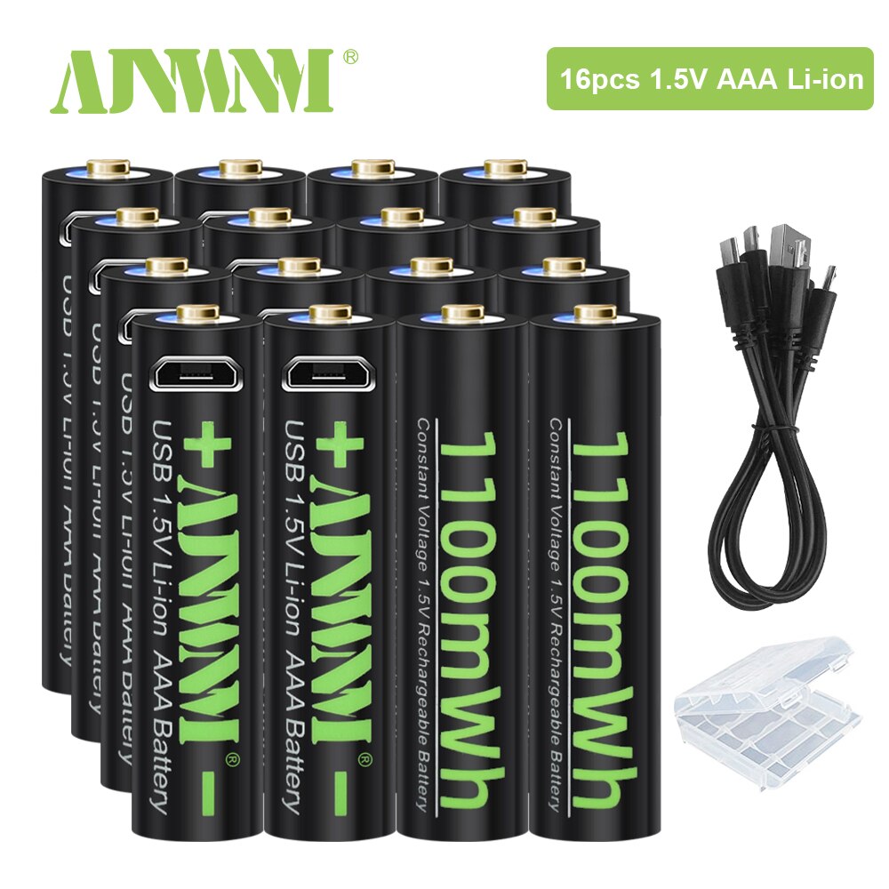 AJNWNM 1100mWh 1.5V AAA Lithium Rechargeable USB Battery AAA 1.5V Li-ion Battery For Remote control Wireless mouse aaa battery: 16pcs aaa
