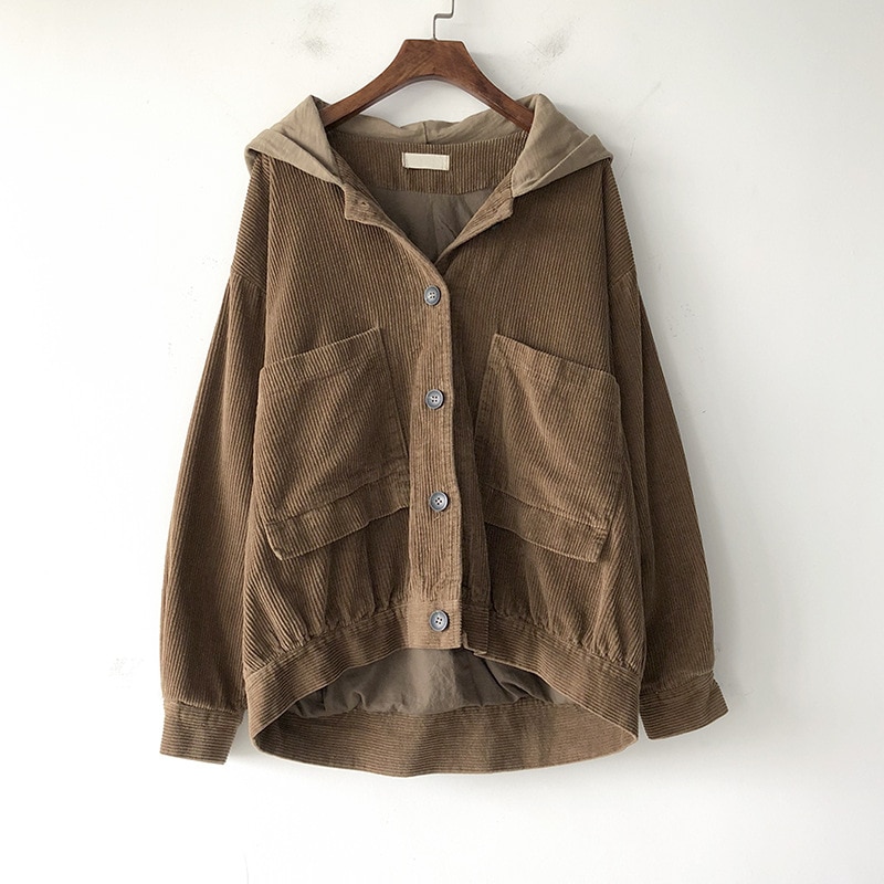 Chaqueta de pana casual suelta para mujer, chaqueta de color sólido de manga larga, abrigo de PANA con capucha, chaqueta de bolsillo de un solo pecho