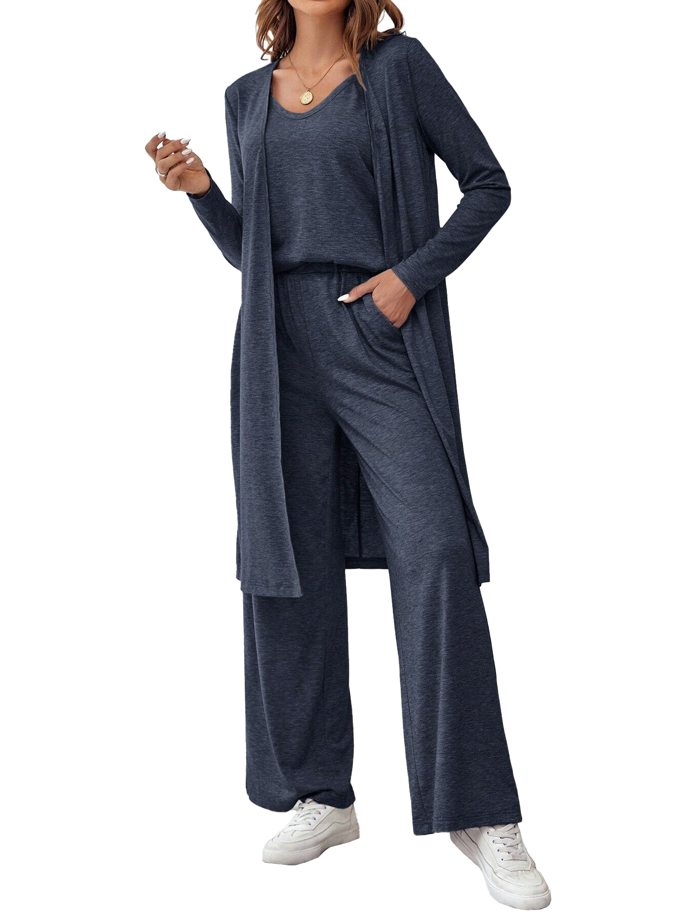Autumn casual loose three piece set women's vest pants cardigan three piece set V-neck suspender+straight leg pants+: M / Blue