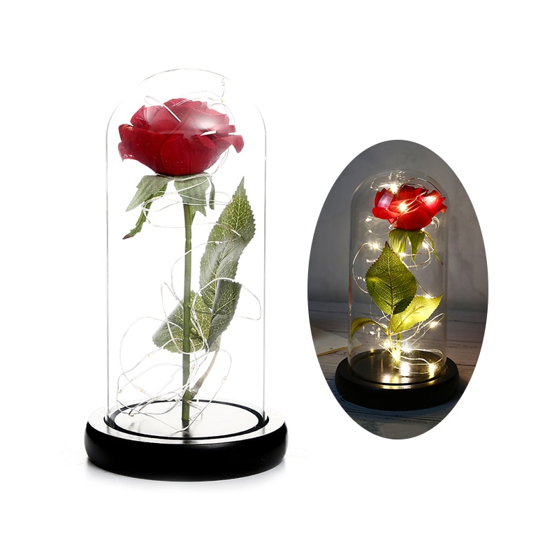 Skønhed og udyr rose i kolbe led rose blomst lys sort base glas kuppel bedst til mors dag fødselsdag valentinsdag: Stil 09