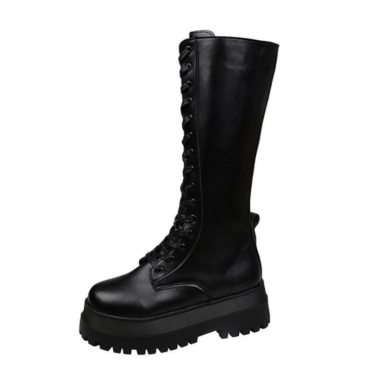 Antumn-Botas de combate para mujer, zapatos góticos de plataforma alta para mujer, botas de cuero negro con cordones, botines hasta la rodilla Martin