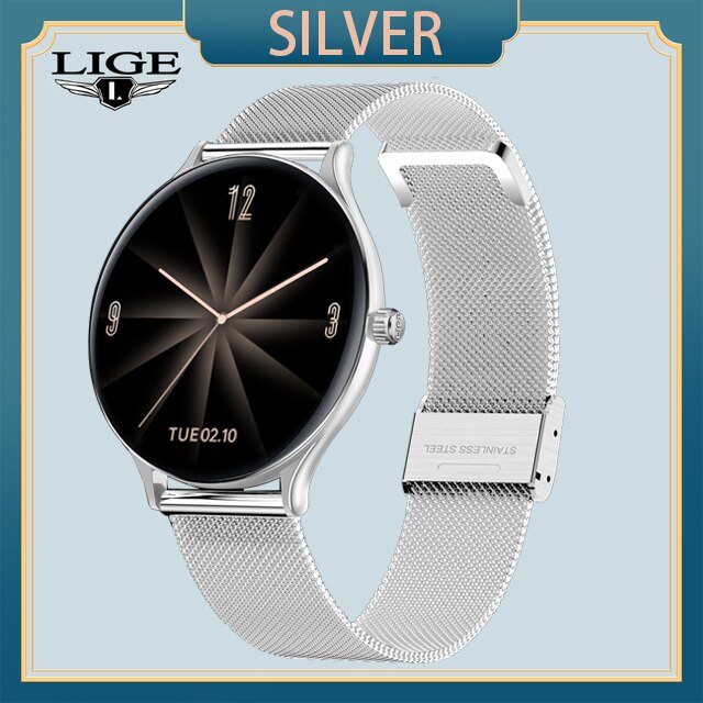 LIGE Full Circle Touch Screen Luxury Smart Watch Women Smart Wristband Fitness Bracelet Men Heart Rate Waterproof Smartwatch: Mesh belt silver