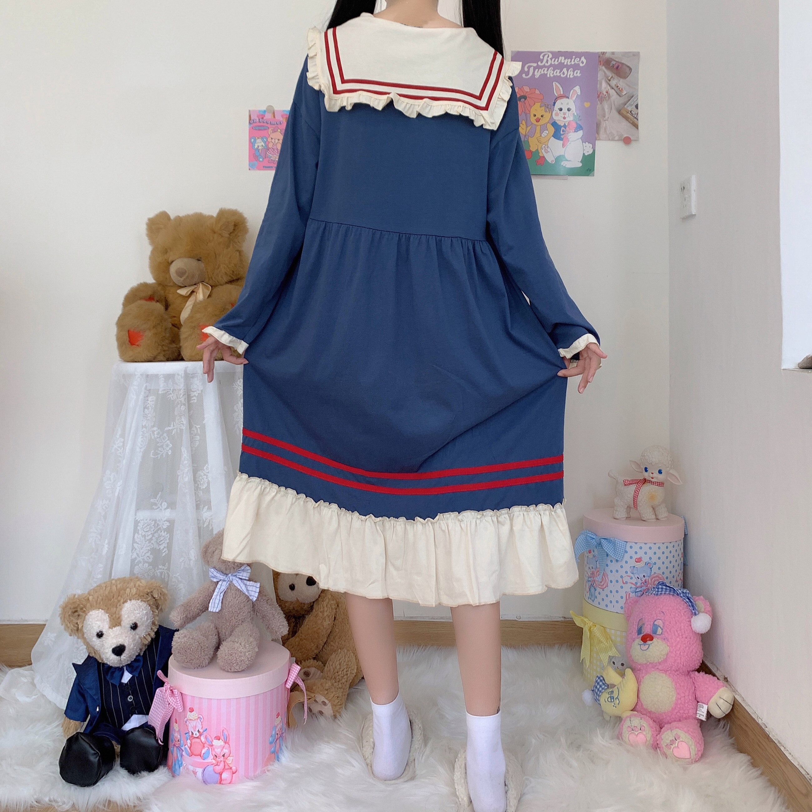 Kawaii Japanese Collar Dresses Autumn Sailor Sweet Temperament Navy bowknot School Uniform Girls Cute Casual Dress