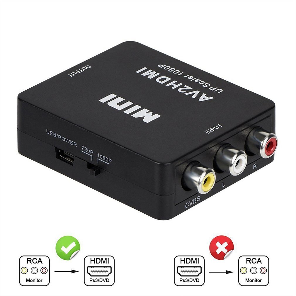 Portable Size Black RCA AV to HDMI Converter /Adapter Suitable For Gamecube Nintendo Sega Genes NES SNES N64