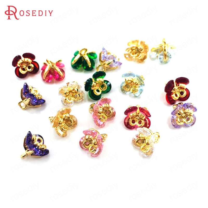 (37101)6PCS 7x7MM 24K Champagne Gold Color Brass and Zircon 3D Flower Charms Pendants Jewelry Making Supplies Diy Accessories