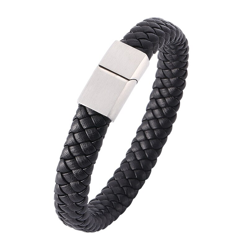 Bracelet Men Braided Leather Bracelet Exquisite Stainless Steel Magnetic Clasps Wrist Band Bangles BB740: Black 2 / Wearing Length 195mm