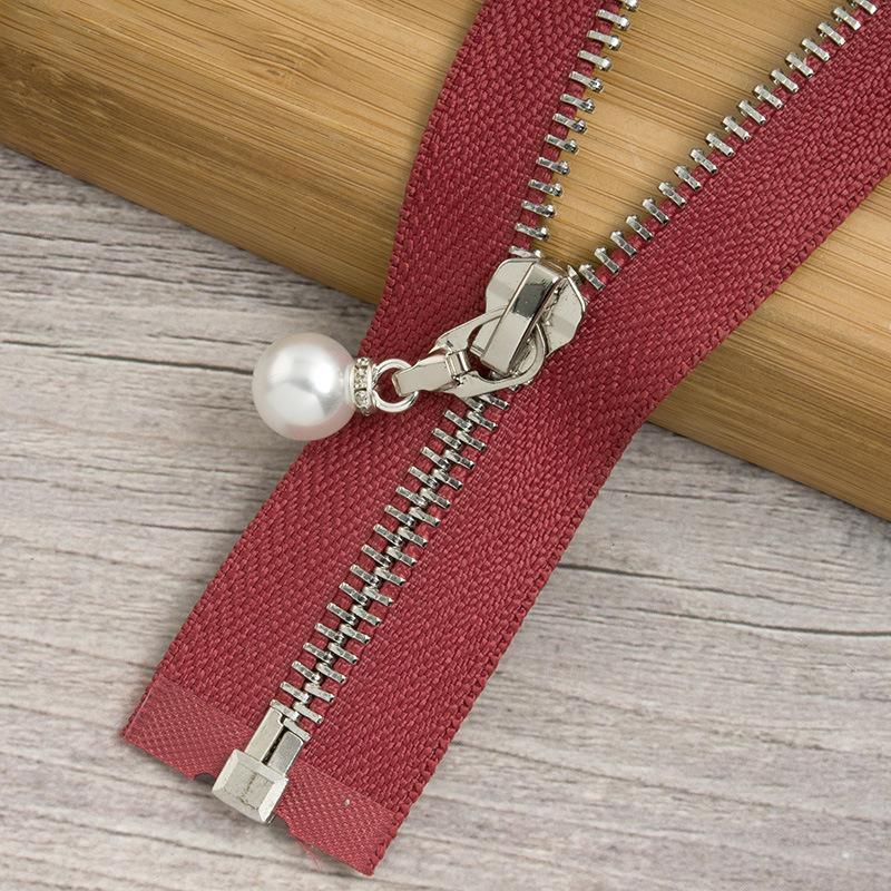 N. ° 5 cremallera de Metal con cremallera de cola abierta deslizante de perlas dentadas de cobre ropa de otoño invierno chaqueta falda de cuero tira de cremallera de doble cabeza: Silver wine red