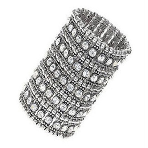 Bracciali larghi elastici di moda classica Retro Punk esagerato decorazione a mano con perline intrecciate retrattili in cristallo a cinque file: Argento antico placcato