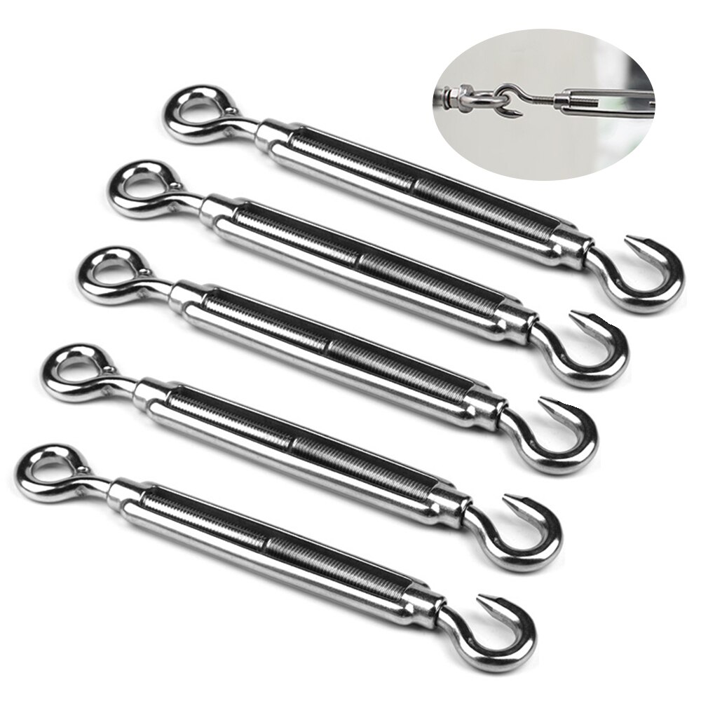 5PCs Stainless Steel Turnbuckle Adjustment Hook Eye Screw Wire Rope Tensioning Tightener Tight Cable Screw Connector