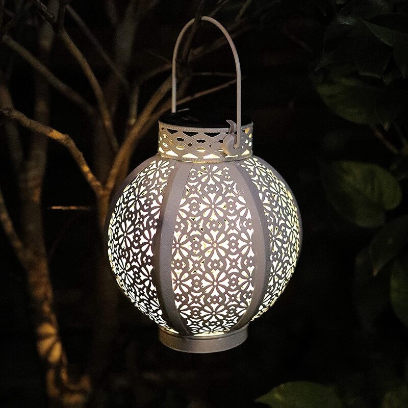 2 Pack Hanging Solar Lantern Metal Led Table Lamp Outdoor Solar Hollow-Out Lights with Handle, 6 Lumens, White