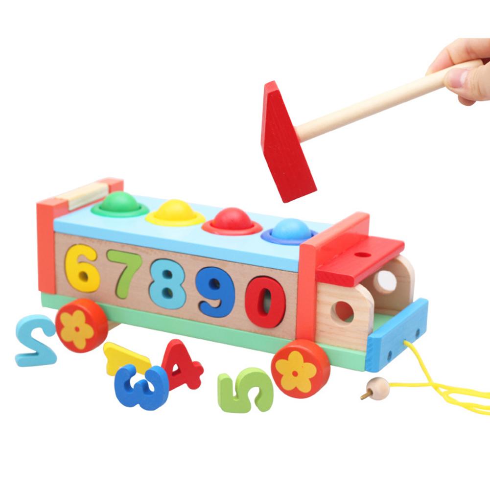 Children'S Educational Early Childhood Luggage Trolley Trailer Toy Wooden Shape Matching with Numbers Cognitive Knock Golf Cart