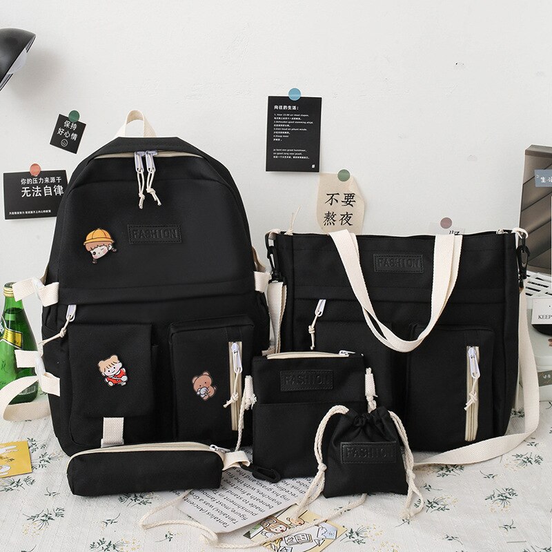 Школьный Девочка Рюкзак Женский 5Pcs Set Canvas Tas Kawaii Vrouwen School Rugzak Leuke Schooltassen Voor Meisjes Mochilas Bolso mujer: Black