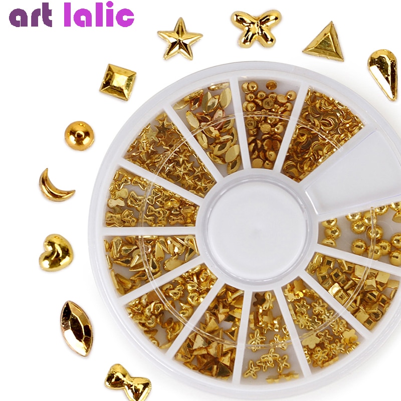 1 Wiel 3D Gouden Hart Ster Maan Klinknagel Nail Studs Diy Metalen Gemengde Driehoek Vierkante Manicure Tips Nail Art Decoraties