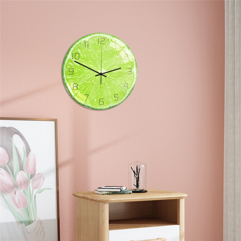 Groene citroenfruit wandklok voor keuken, acryl, stille hangende horloge, slaapkamerhorloge, lasser, muurklok, woondecoratie