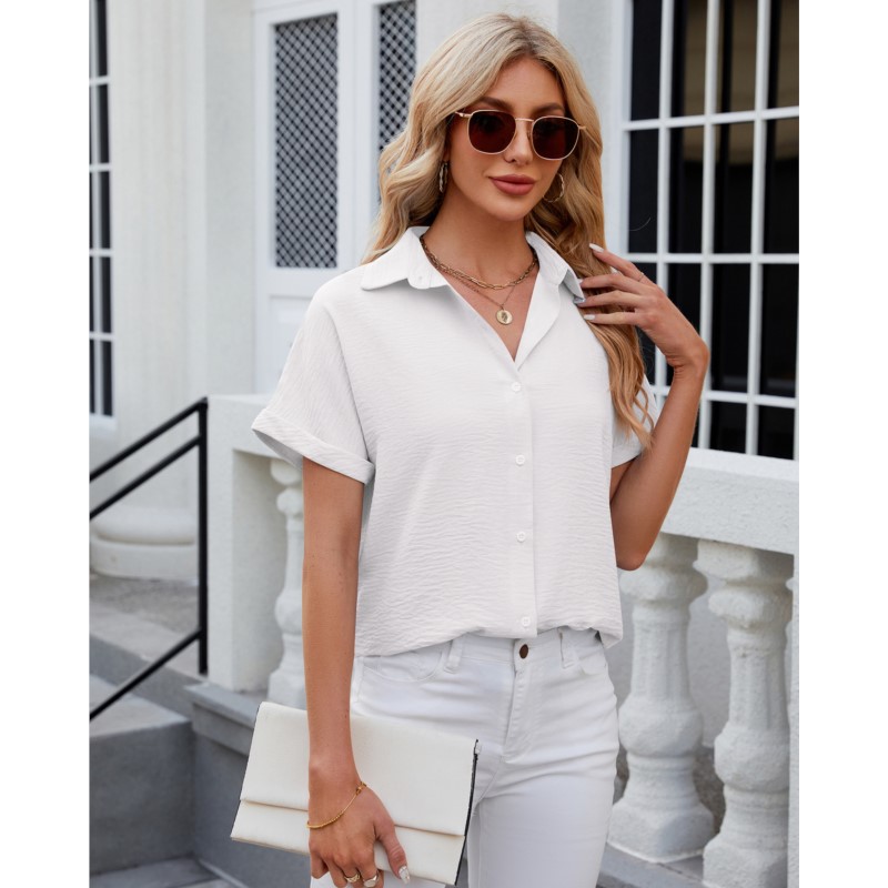 
Summer Women camisas Casual Office Loose Shirt Short Sleeve Lapel Button Down Shirt Solid Color camisas de mujer﻿