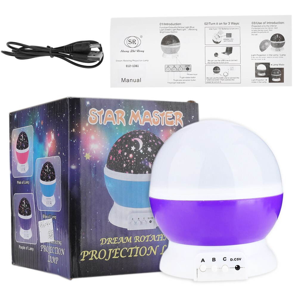 Sterrenhemel Led Projector Star Moon Nachtlampje Sky Roterende Batterij Operated Slaapkamer Nachtlampje Lamp Voor Kids Baby: Paars