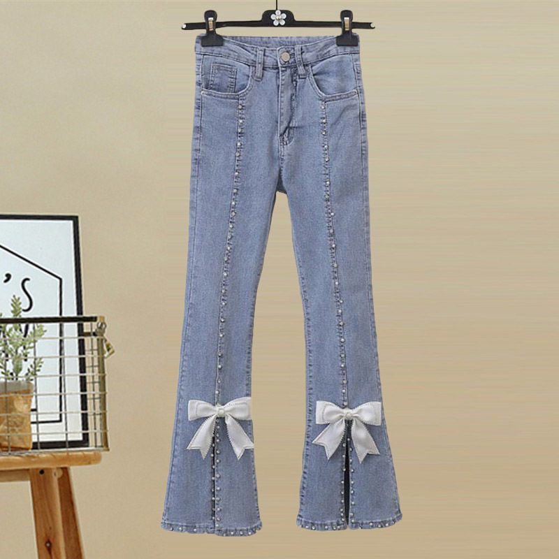Autumn Ruffle Long Sleeve Knitted Sweater Splice Shirt Bowknot Jeans Two Piece Women's Pants Set: XXXL / Gold
