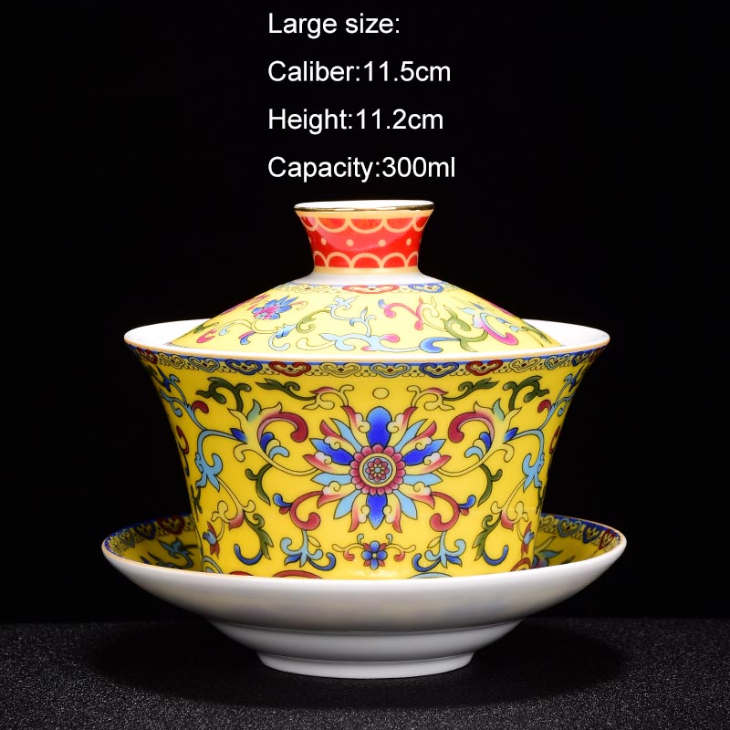 200ml/300ml jingdezhen emalje farve gaiwan porcelæn gaiwan keramisk kung fu te sæt mester te skål tekop hjem dekoration: Gul (l)