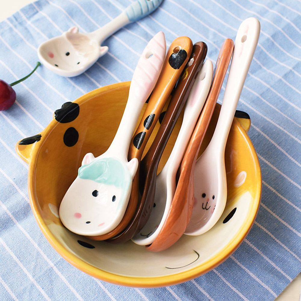 1PC Cute Cartoon Animals Cat Ceramic Spoon For Girls Boys Porridge Soup Spoon Home Restaurant Kitchen Tableware