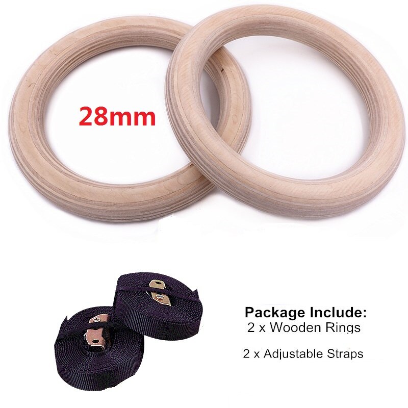 Indoor Gymnastics Fitness Sports Rings with Straps Wooden Rings Set Home Home Gym Fitness Pull Ups Strength Training Equipment: 28mm with Strap