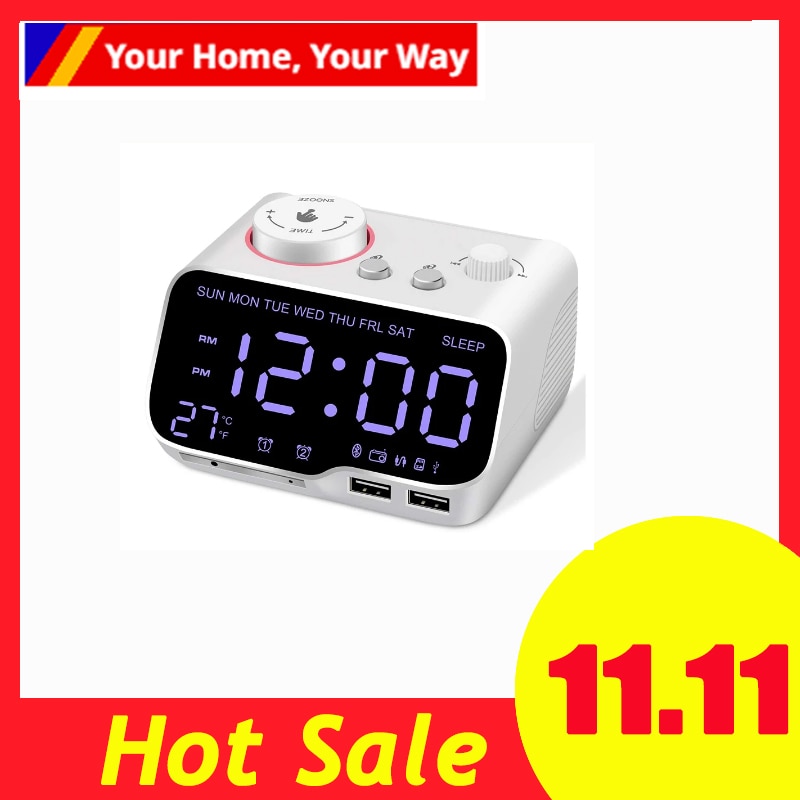 Digital Alarm Clock Radio Bluetooth Speaker,12/24 H,Dimmer,Dual Alarm,Snooze,Thermometer,Sleep Timer White US Plug