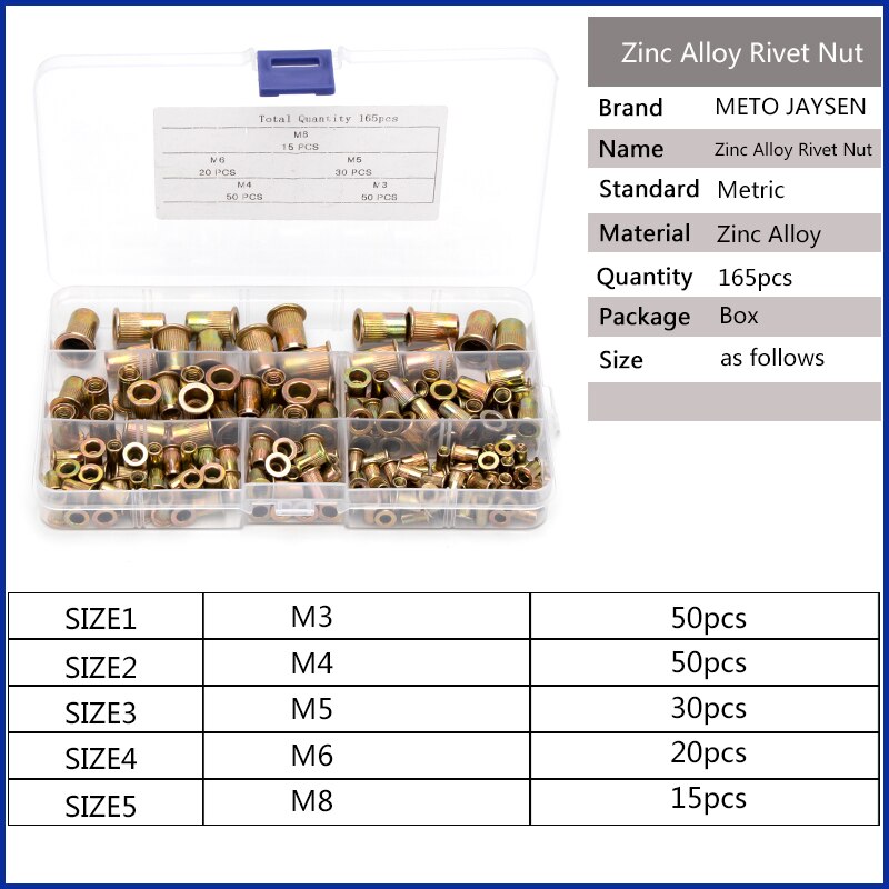 165pcs Zinc Rivet Nuts M3 M4 M5 M6 M8 Flat Head Knurled Zinc Alloy Rivet Nuts Set Multi Sizes Zinc Rivet-Nuts Assortment Kit