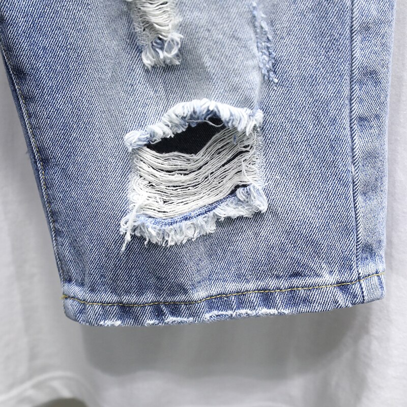 Summer Male Ripped Hole Destroyed Light Blue Denim Shorts Streetwear Jeans Five Points Pants Comfortable Men Clothing