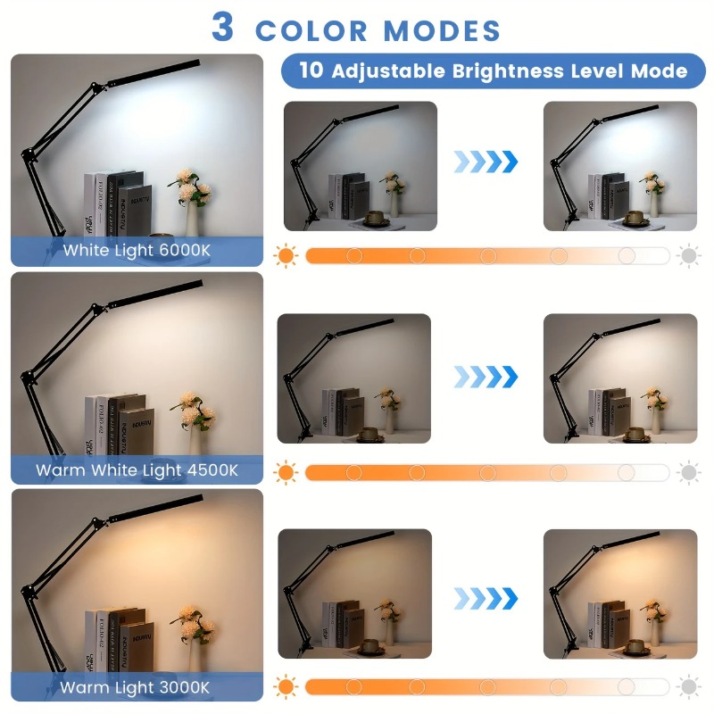 Lâmpada de mesa led com braçadeira, lâmpada de mesa de 3 cores com braço oscilante ajustável, luz de mesa moderna para cuidados com os olhos, escritório doméstico, artesanato, costura