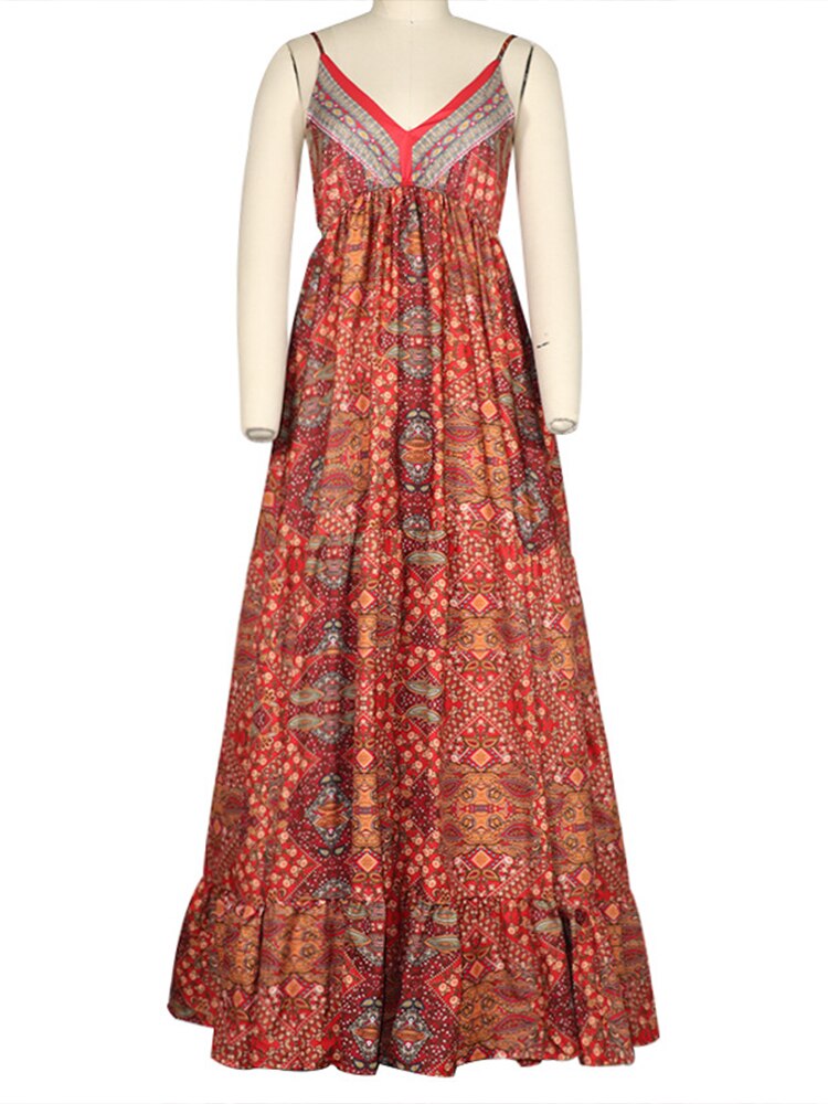 Vintage print v-hals maxi lange strandjurk dames tuniek strandbedekking strandkleding pareo's de playa mujer lange jurk strand