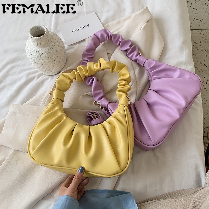 Sweet Girls Baguette bags Soft PU Leather Shoulder Bags For Women Portable Moon Luxury Ruched Cloud Hand Bag