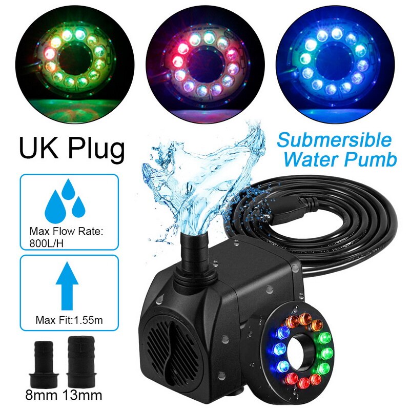 220V 6/8/10/25W Submersible Water Pump With 12 LED Lights 220-240V 800L/H EU/UK Plug For Aquarium Fish Tank Pond Fountain: JYC-1550 15W UK Plug