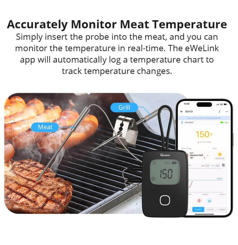 Sonoff Ewelink BMT01 Il termometro per carne per barbecue trasmette dati di temperatura al promemoria timer del telefono cellulare in tempo reale