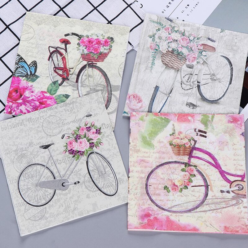 20 Vintage Servetten Gedrukt Papier Servetten Roze Bloem Vlinder Fiets Decoupage Servetten Wedding Party Tafel Decor Zakdoek