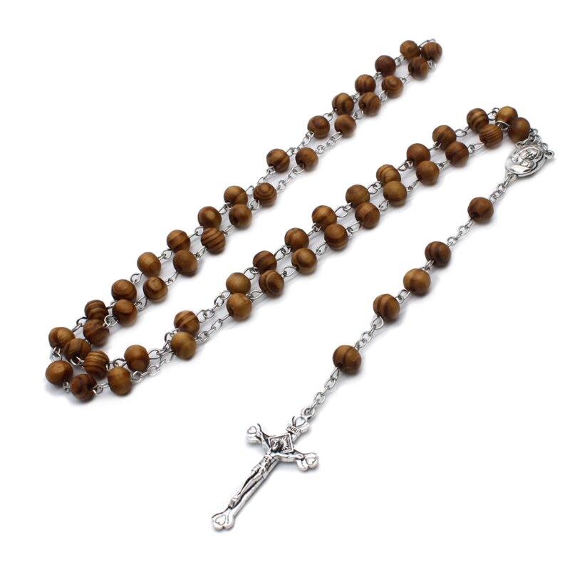 Retro Houten Rozenkrans Kralen Ketting Voor Vrouwen Cross Jezus Hanger Religieuze N1HA