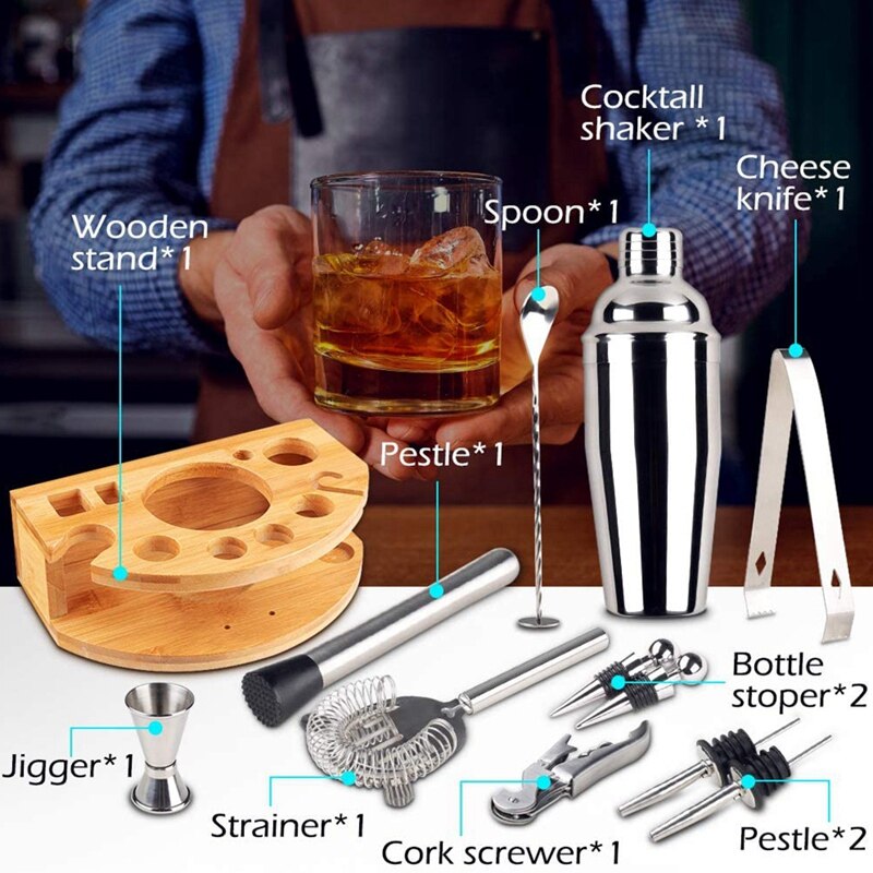 Kit de barman de 12 pièces avec support ensemble de secoueur à Cocktail en acier inoxydable-Martini Shaker Jigger passoire barre mélangeur cuillère